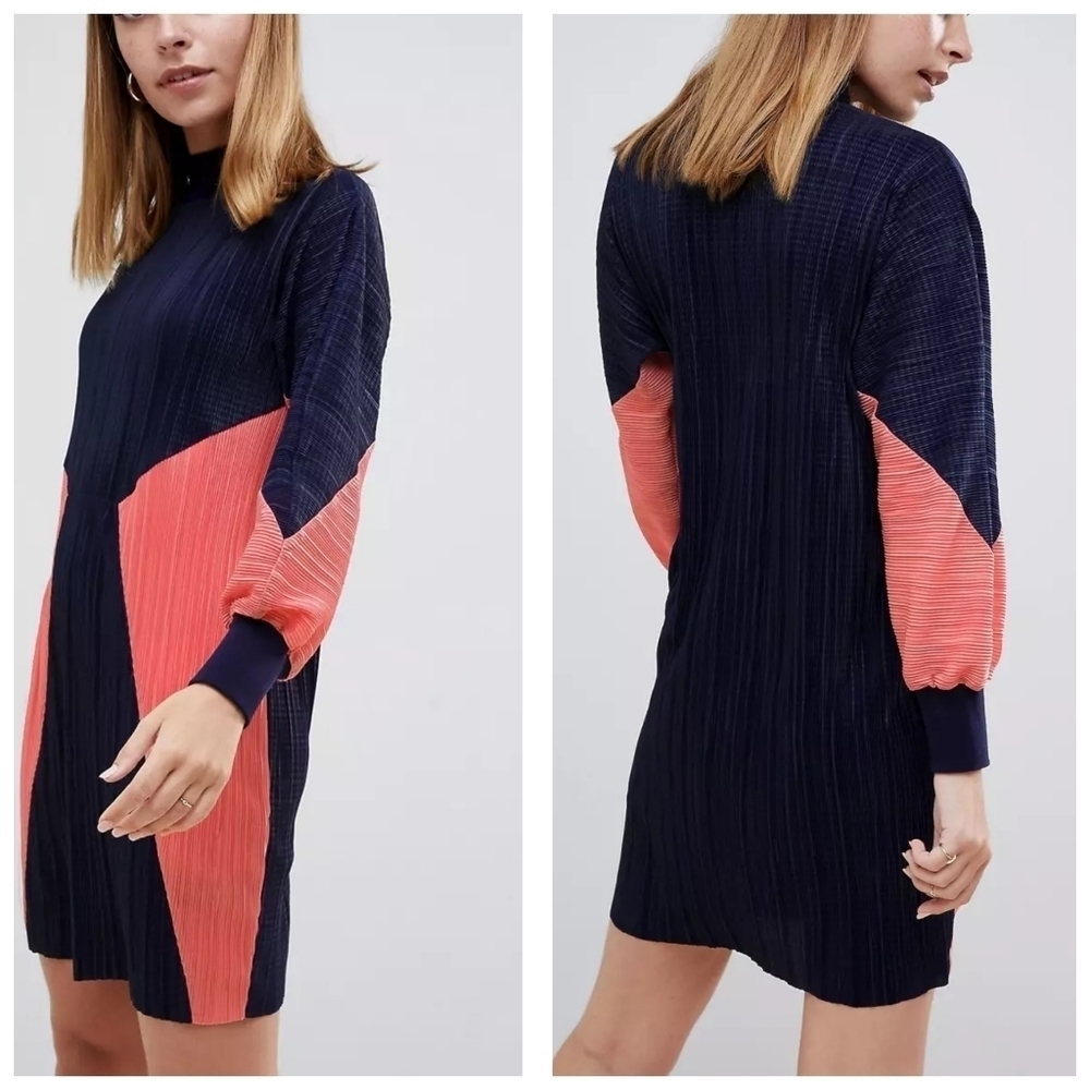 ASOS Curve colour block plisse sweat dress coral navy blue size 18 NWT